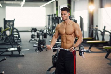 Mükemmel vücutlu sağlıklı bir adam. Spor salonunda halterle pazılar için çok çalışıyor..