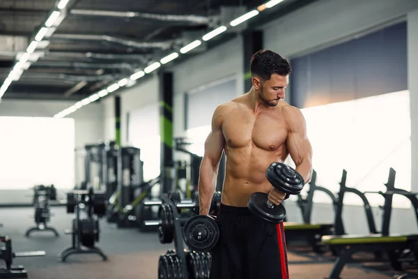 Homem de fitness atraente trabalhando com halteres durante o treinamento de bíceps no ginásio. Conceito desportivo e saudável . — Fotografia de Stock