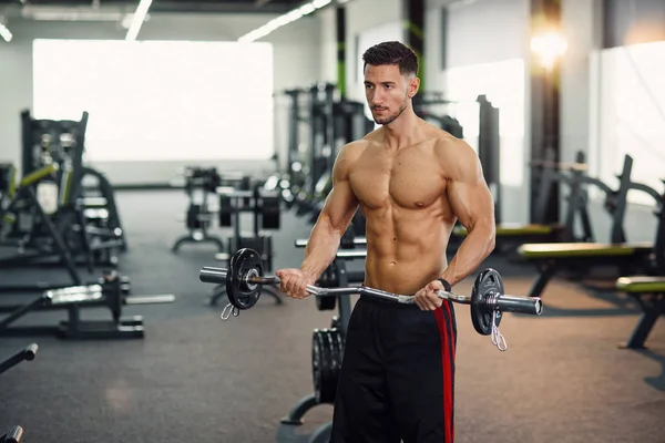 Homem saudável com corpo perfeito trabalhando duro no ginásio com barra para bíceps . — Fotografia de Stock