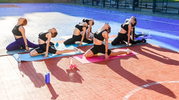 Fitness team of likable sporty slender women doing yoga exercises lying on special mats on the outdoor stadium in the urban green park