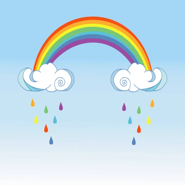 Arcobaleno e nuvole piovose su sfondo a colori. Carino disegno poster nuvola per l'arredamento della stanza del bambino, decorazione del panno per bambini . — Vettoriale Stock