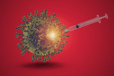 Kırmızı izole edilmiş arka planda Covid-19 aşısı. Dünya Sağlık Örgütü Coronavirus 'a yeni resmi isim koydu.