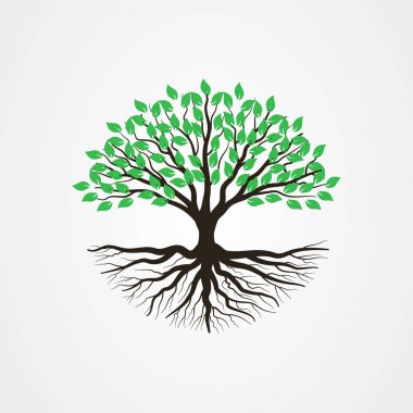 Kökleri ve yeşil yaprakları olan soyut ağaç.