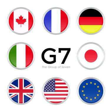 G7 zirvesinde Avrupa Birliği ile izole edilmiş ikonlar görülüyor. Basit daire bayrakları vektör tasarımı.