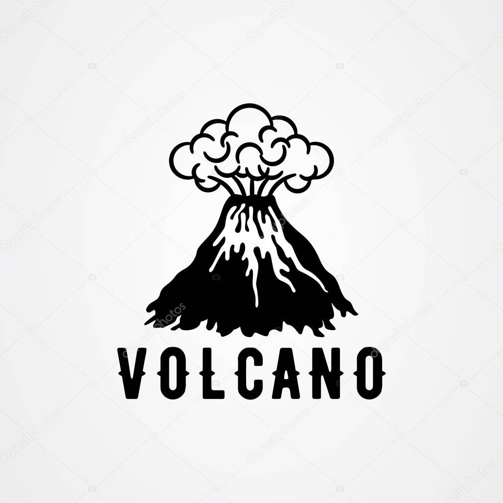 Volcanic eruption with lava and smoke vector illustration in black and white color.