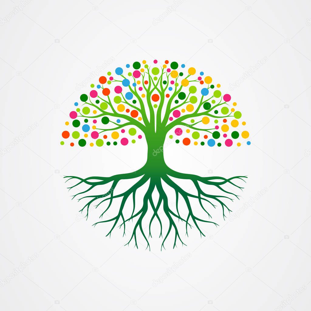 Abstract vibrant tree with roots and leaves shaped circle. tree with round shape vector illustration.