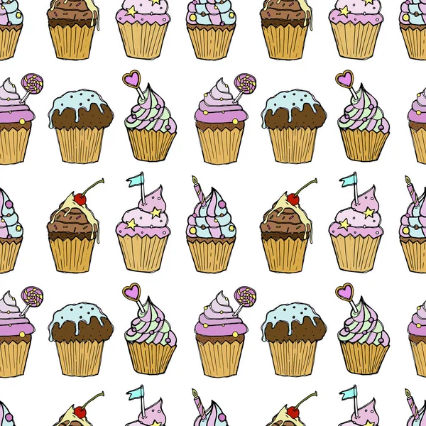 Vector Cupcakes Pattern White Background — Stock Vector