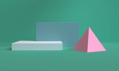 Minimalist soyut arka plan, ilkel geometrik şekiller, pastel renkler, 3d render.