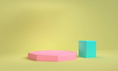 Minimalist ilkel geometrik soyut arka plan, şık moda illüstrasyon podyumu, premium ürün için pastel renk üzerine stand, show. Kavram: reklam, lüks, ögeler, çantalar, ayakkabı, grafik tasarım 3d.