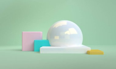 Minimalist ilkel geometrik soyut arka plan, şık moda illüstrasyon podyumu, premium ürün için pastel renk üzerine stand, show. Kavram: reklam, lüks, ögeler, çantalar, ayakkabı, grafik tasarım 3d.