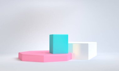 Minimalist ilkel geometrik soyut arka plan, şık moda illüstrasyon podyumu, premium ürün için pastel renk üzerine stand, show. Kavram: reklam, lüks, ögeler, çantalar, ayakkabı, grafik tasarım 3d.