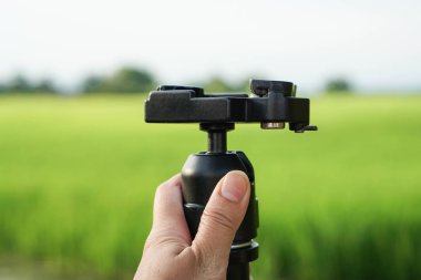 Yakın kadar yeşil alan arka plan ile insan eli tarafından kamera tripod tutun
