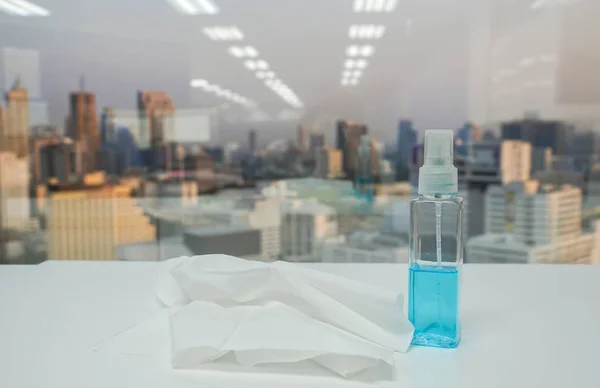 Alcohol Spray Bottle Tissue Paper Sheet Hygiene Disease Prevention — Stock Photo, Image
