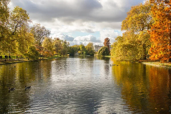 秋に紅葉する木とロンドンのリージェンツ パークの間の湖 — ストック写真