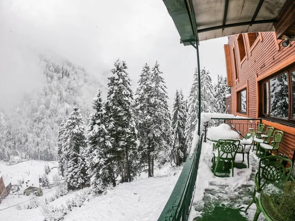 Green Table Chair Hotel Terrace Snow Fall Pine Tree Ayder — Stock Photo, Image