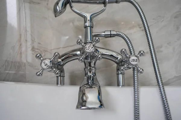 Close Shiny Hot Cold Faucet Bath Basin Luxury Hotel — Stock Photo, Image