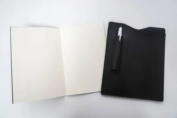 Vue Dessus Isolée Mock Carnet Affaires Avec Écriture Stylo Dans — Photo