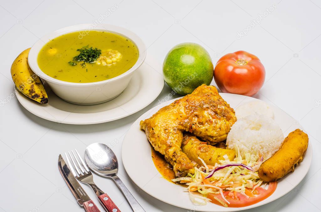 Chicken Sancocho with rice and vegetables