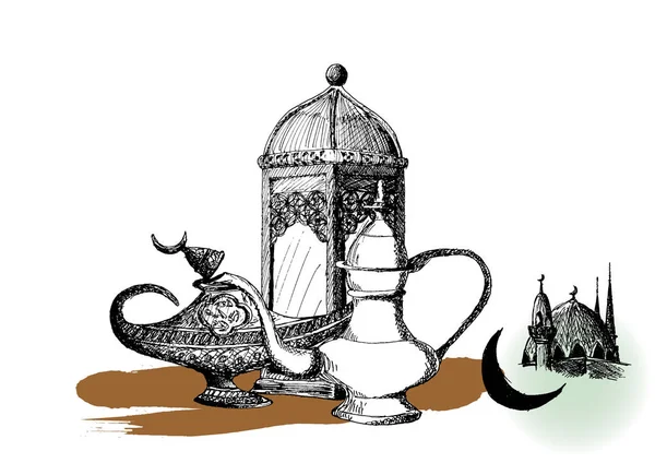 Ramadan Kareem Iftar party fest, Eid Al Fitr Mubarak, Hand dras skiss vektor illustration. — Stock vektor