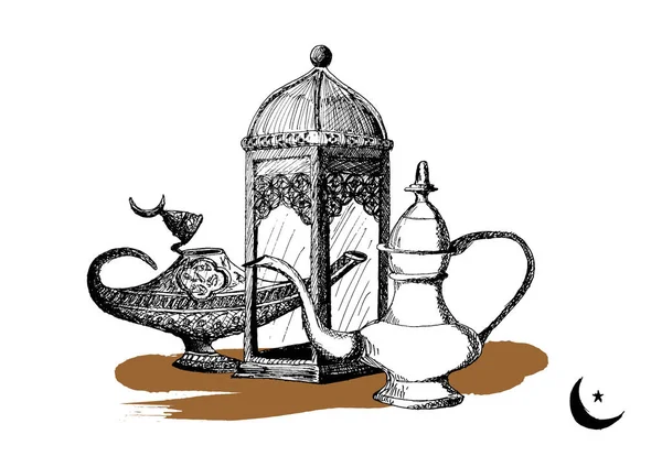 Празднование вечеринки Рамадана Карима Ифтара, Ид Аль Фитр Мубарак, Векторная иллюстрация . — стоковый вектор