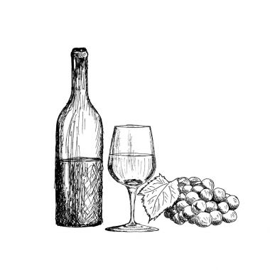 Şarap kümesi. Bir bardak, bir şişe ve bir avuç üzüm Vintage el çizilmiş kroki vektör çizim.