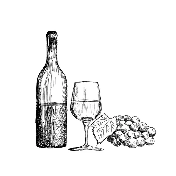 Um conjunto de vinho. Um copo, uma garrafa e um monte de uvas Vintage desenhado à mão Sketch Vector ilustração . —  Vetores de Stock