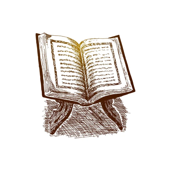 Il libro sacro del Corano sul basamento, Disegnato a mano Sketch Vector illustrazione . — Vettoriale Stock