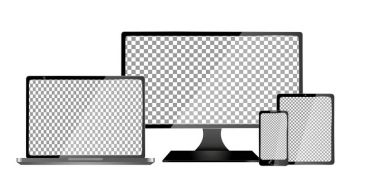 Realistic Computer, Laptop, Tablet and Mobile Phone with Transparent Wallpaper Screen Isolated. Set of Device Mockup Separate Groups and Layers. Easily Editable Vector. clipart