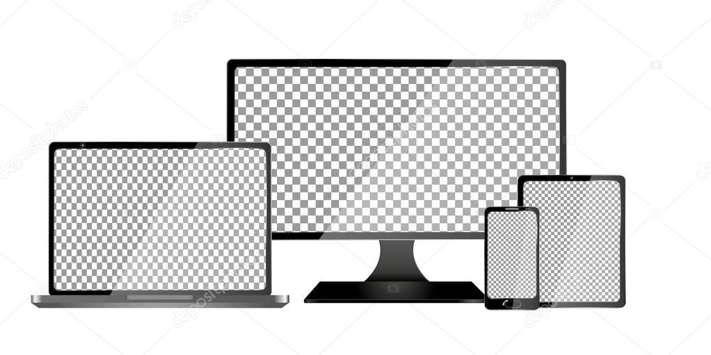 Realistic Computer, Laptop, Tablet and Mobile Phone with Transparent Wallpaper Screen Isolated. Set of Device Mockup Separate Groups and Layers. Easily Editable Vector.