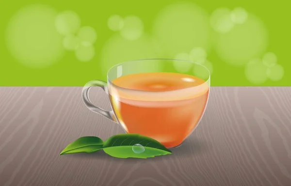 Taza de vidrio con té negro. Hojas de té verde. Vidrio, naranja y verde . — Vector de stock