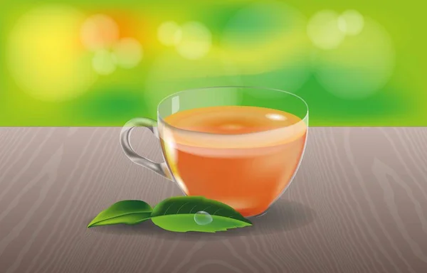 Скло чашку з чаєм і зеленого листя на дерев'яний стіл з абстрактним фоном. Зелений, коричневий і помаранчевий. — стоковий вектор