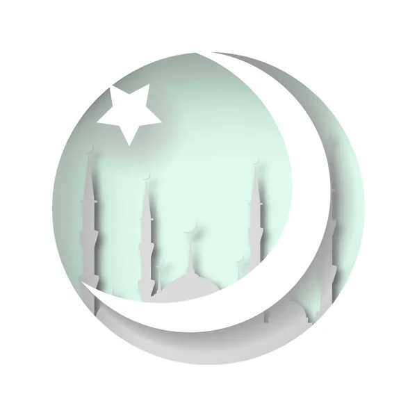 A mesquita, o Crescente e a estrela. Estilo islâmico. Corte de papel . — Vetor de Stock