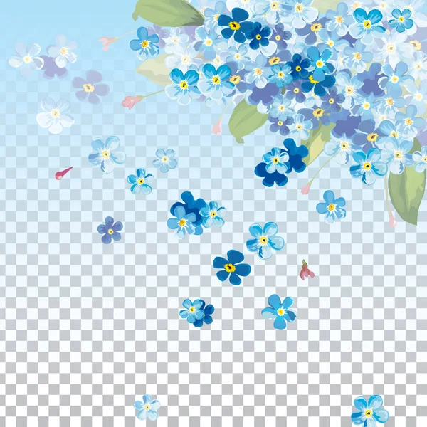 Vektör arka plan bahar mavi çiçek ile. Bahar düşen yaprakları ve kısmen şeffaf arka plan ile mavi çiçek — Stok Vektör