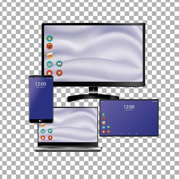 Uppsättning av realistiska laptop, surfplatta och mobiltelefon med tom skärm. Isolerad på transparent bakgrund — Stock vektor