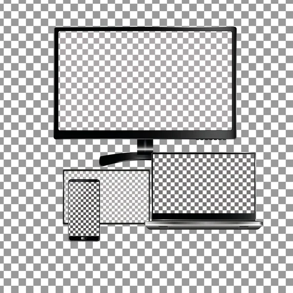 Küme gerçekçi dizüstü bilgisayar, tablet ve cep telefonu ile boş perde. Saydam arka plan üzerinde izole — Stok Vektör
