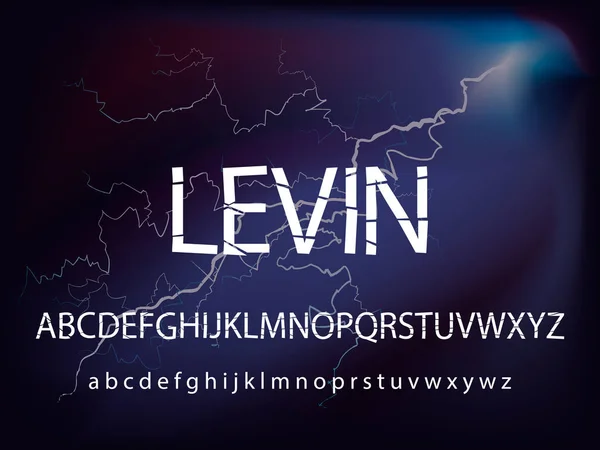 Broken lightning alphabet fuente. Tipografía diseño roto para levin logo juego fuentes y número con tormenta rayo rayo de fondo. ilustración vectorial — Vector de stock