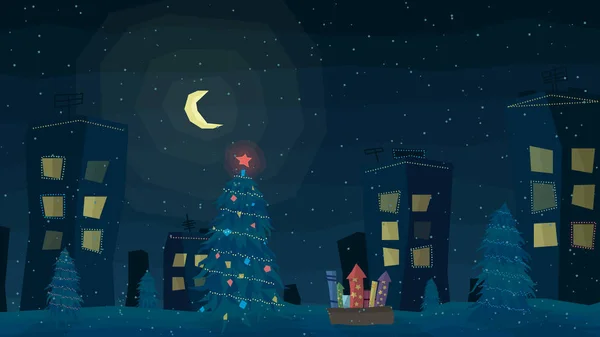 Kış gece açık şehir yağan kar, yatay. Vektör çizim.