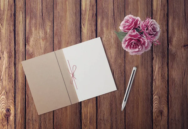 Top view open notebook, pencil and plant potted — Stock Photo, Image