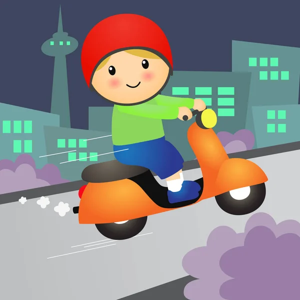 Cartoon Boy ride Motorcycle Scooter.Vector Illustration. — Stock Vector