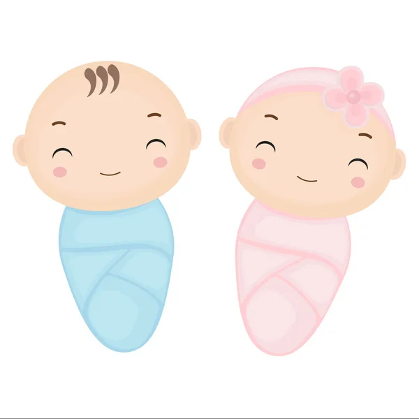 Cute Cartoon Twin Baby.Baby jongen en Baby meisje Cartoon. — Stockvector