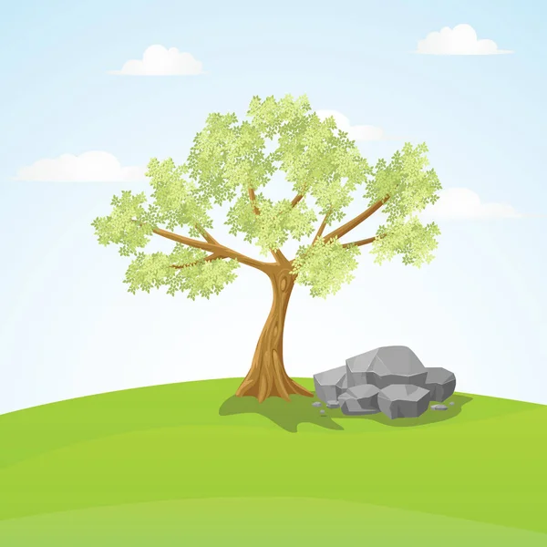 Grand arbre et rochers dans une colline . — Image vectorielle