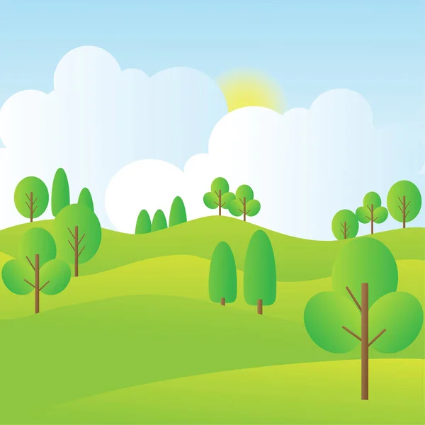 Paysage de collines avec des arbres, ciel bleu, lever du soleil et nuages. Illustration vectorielle plate . — Image vectorielle