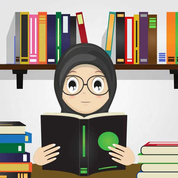 Cartone animato di ragazza musulmana che legge un libro . — Vettoriale Stock