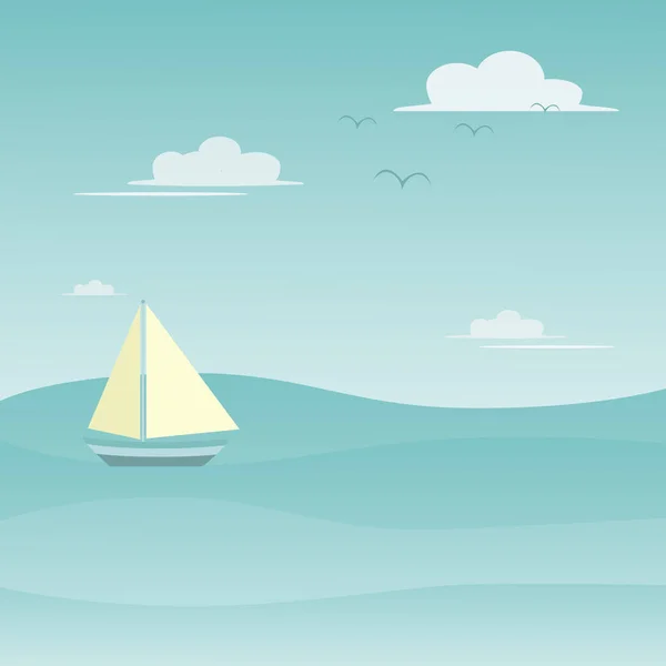 Jacht żaglowy na morze niebieski niebo i chmury ilustracja. — Wektor stockowy