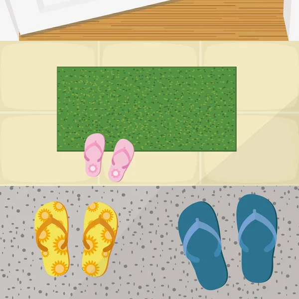 Hausschuhe und Fußmatte vor der Tür. — Stockvektor