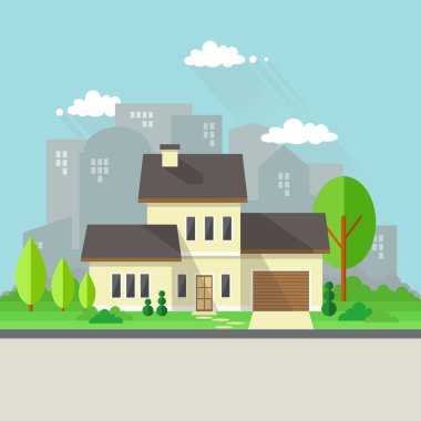 Ev bahçe ve şehir Background.Isolated kırsal ev manzarası ile.