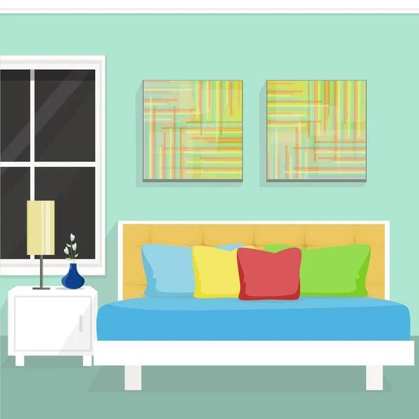 Schlafzimmereinrichtung mit Fenster, Tisch und Wandmalerei. — Stockvektor