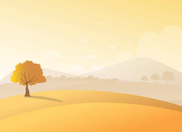 Arbre solitaire sur une colline avec un fond de montagnes en vue sur le coucher du soleil.Champ d'automne beauté et un paysage d'arbres . — Image vectorielle