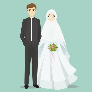 Müslüman gelin ve damat illüstrasyon karikatür.