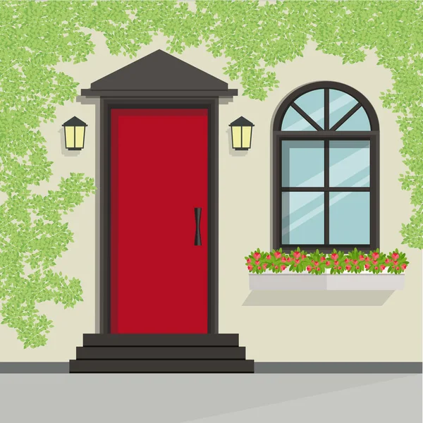 Front door view with vine on the wall.Vector Building element. — Stock Vector